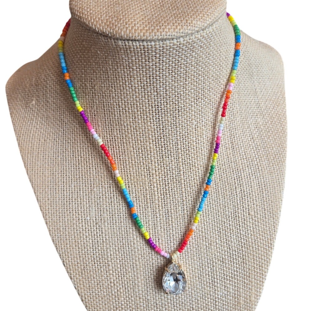 Roxanne Assoulin Beaded Necklace Crystal Teardrop Pendant Boho Colorful NWOT